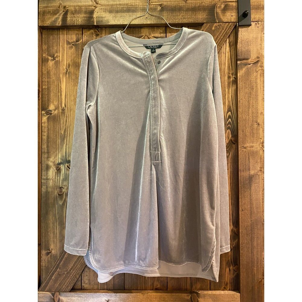 Lauren Ralph Lauren Gray‎ Velvet Tunic-Length Popover 1/2 Button Top Sz M, EUC